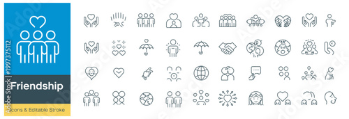 Collection of friendship and connection icons with editable stroke and line art