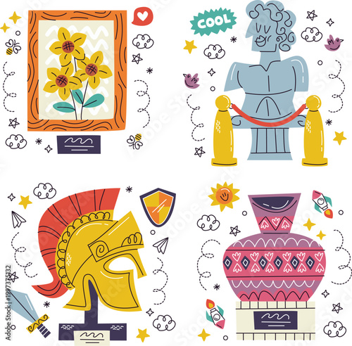 Retro greece tourism icons with mediterranean salad and ancient pottery shapes vector