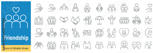 Diverse friendship icons symbolizing unity, support, and human connection with editable stroke design.