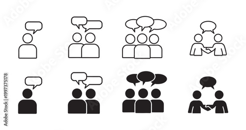 Icons illustrating communication and discussion, showing individuals and groups talking and collaborating.