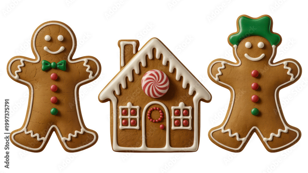 Fototapeta premium A delightful collection of classic holiday gingerbread characters and a cozy candy-decorated house, perfect for festive celebrations on transparent background. on transparent background