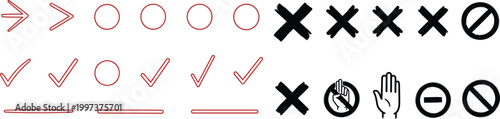 Red and black icon set with check marks arrows circles and stop signs in this vector illustration for business
