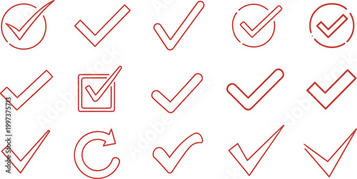 Red check mark icon set for approval or selection in this professional vector illustration for business interface