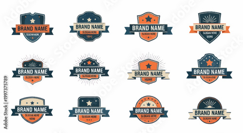 Collection of Shield Shaped Brand Name Logos and Emblems.