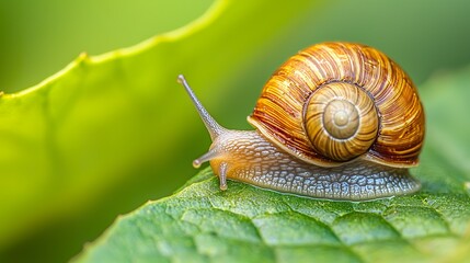 Macro photography of a tiny snail leaving a glistening trail on a leaf, detailed