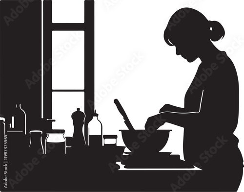 Woman silhouette cooking in kitchen with bowl and utensil