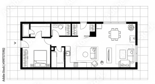 Architectural floor plan drawing of a modern apartment layout.