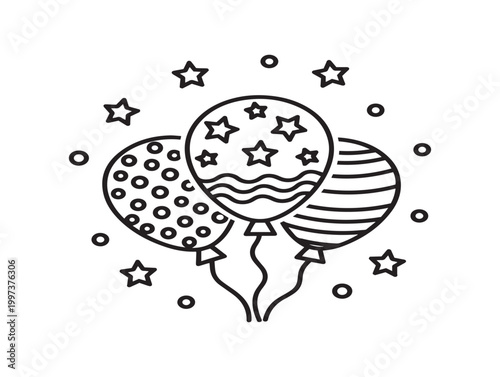 Festive black and white illustration of balloons and stars for celebratory occasions