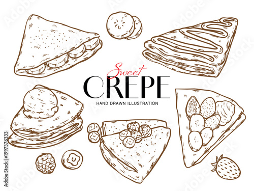 Set of hand drawn sweet crepe recipe outline drawing illustration