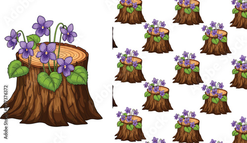 Tree stump with purple flowers seamless pattern set illustrating forest elements, nature decoration, woodland texture, and cartoon botanical vector illustration