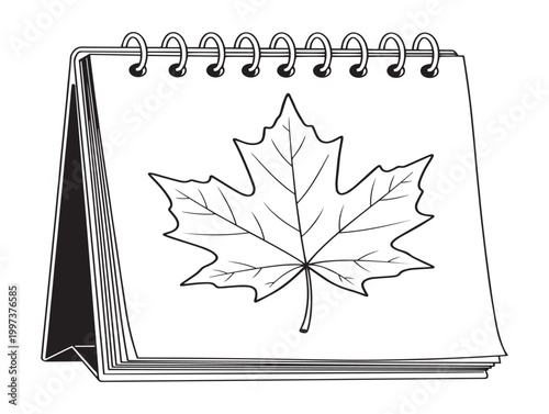 Sketch of a maple leaf on a spiral notebook page black and white illustration