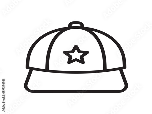 Simple black and white line drawing of a baseball cap with a star emblem