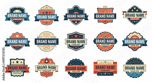 Collection of Vintage Style Brand Name Emblem Badges and Labels.