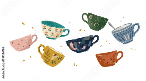 Collection of colorful ceramic teacups and coffee mugs with unique patterns and designs arranged on a white background with falling leaves