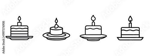 Birthday cake line icons set burning candle dessert anniversary celebration party bakery sweet food pastry tasty & more vector illustration with editable stroke.