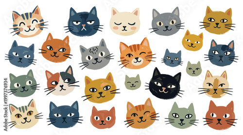 Cute cat faces collection diverse breeds and colors whimsical illustration for pet lovers and animal enthusiasts