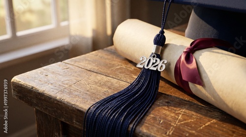 Foto Class of 2026: Black Graduation Cap and Tassel on a Wooden Table