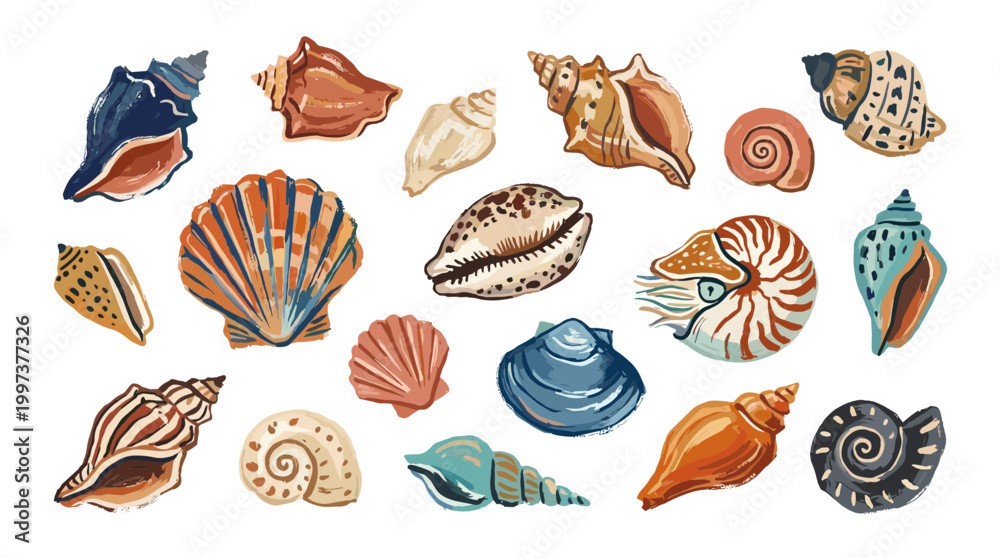 Fototapeta premium Collection of diverse seashells and marine life forms in various colors and textures, perfect for beach themes and ocean decor