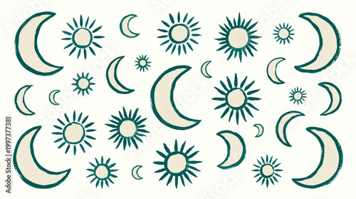 Whimsical celestial pattern of crescent moons and suns in a playful, hand drawn style on a white background