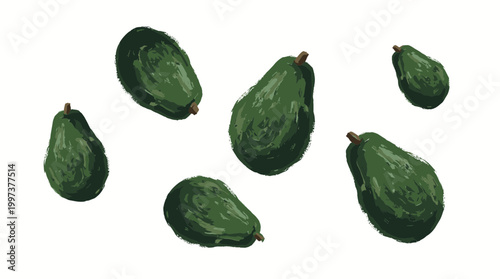 A collection of fresh green avocados scattered on a clean white background, perfect for healthy eating and culinary themes
