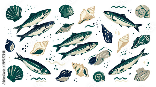 Collection of stylized fish and seashells in a charming hand-drawn illustration style, perfect for nautical themes and ocean decor