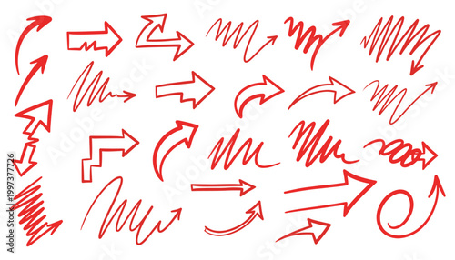 Red arrows and squiggles directional sketch set vector illustration for emphasis