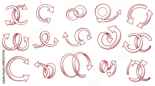 Red circular arrow collection with engraved lines in this professional vector illustration for business