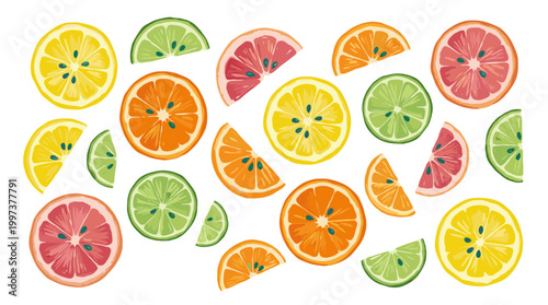 Vibrant Assortment of Fresh Citrus Fruit Slices Including Lemons Oranges Grapefruits and Limes on a White Background