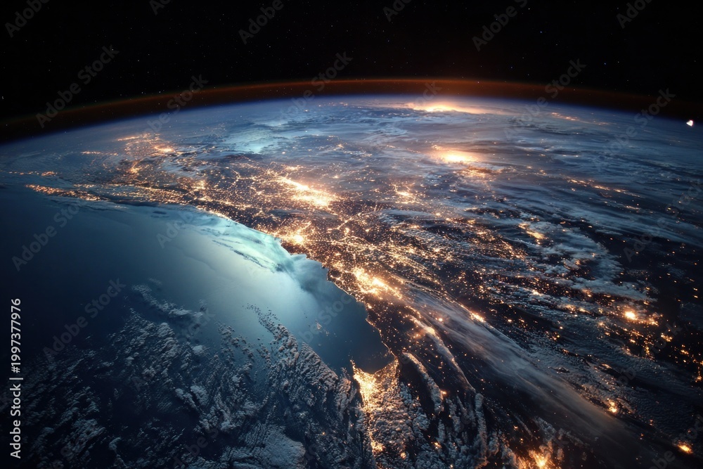 Fototapeta premium Nighttime Earth from Space: Vibrant City Lights Over Ocean and Land