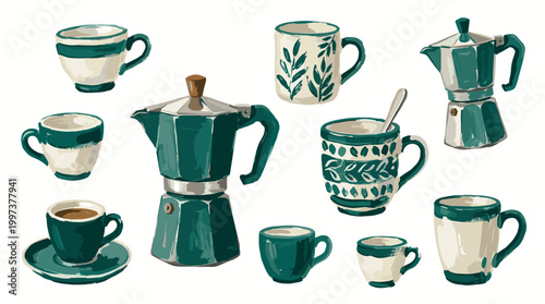 Collection of vintage style ceramic coffee cups and moka pots in teal and cream colors, perfect for cafe or kitchen decor