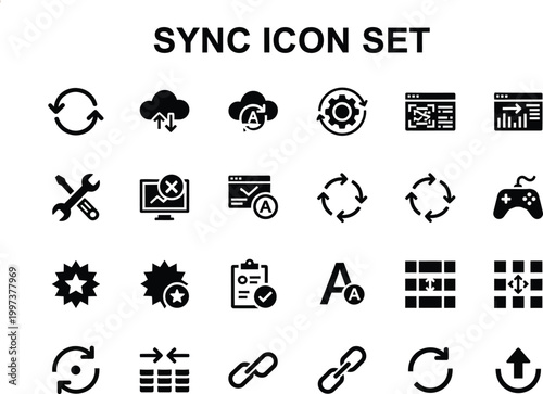 Black glyph icons representing cloud synchronization and data management tools for modern mobile software interface development