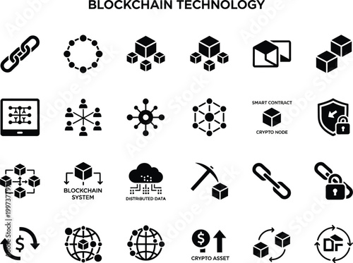 A collection of black flat icons representing blockchain technology and decentralized finance systems for modern business