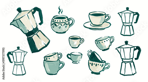 Hand drawn illustration of coffee cups and moka pots in a charming artistic style with a pastel color palette perfect for cafe or kitchen decor