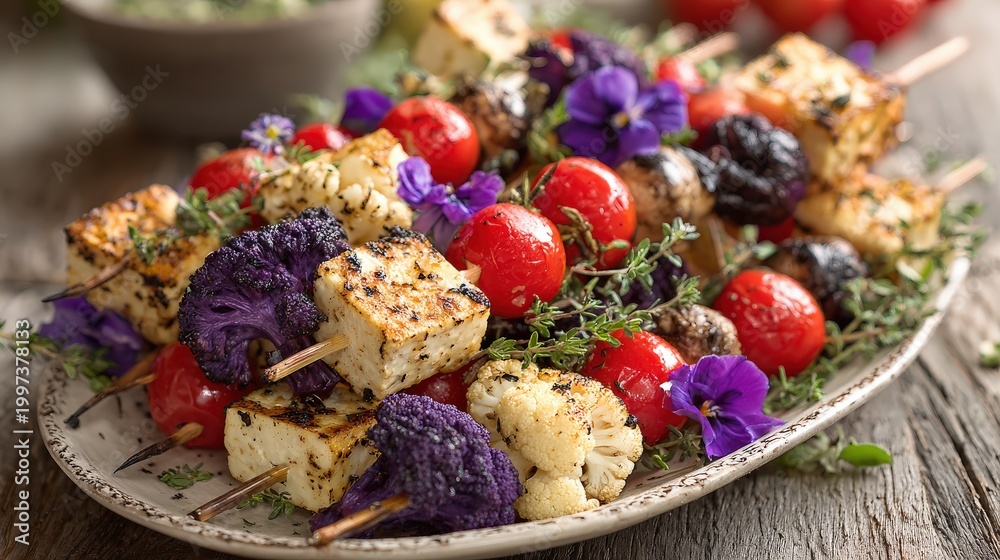 Fototapeta premium Grilled vegetable skewers with cheese and edible flowers are served on a rustic plate.