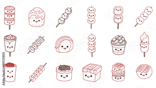 Kawaii japanese street food icons set featuring cute sushi dango and desserts vector illustration
