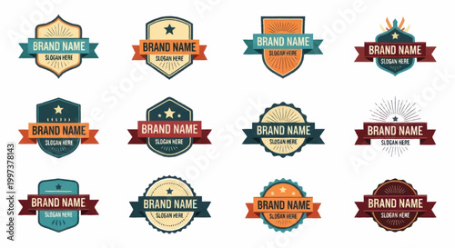 Collection of twelve vintage style brand name logos and badges.