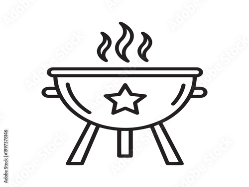 Simple black and white line drawing of a charcoal grill with flames above