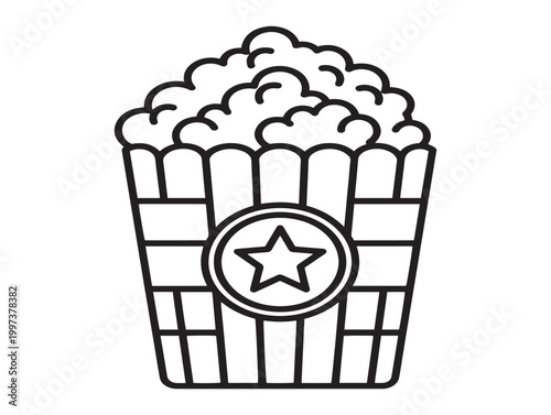 Black and white line art of a popcorn bucket with a star emblem