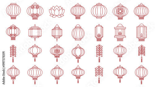 Chinese lantern icons set with traditional paper lamps firecrackers and oriental festive elements vector illustration