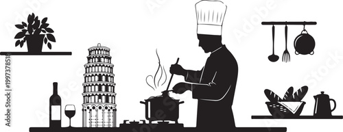 Black silhouette of chef cooking near leaning tower of