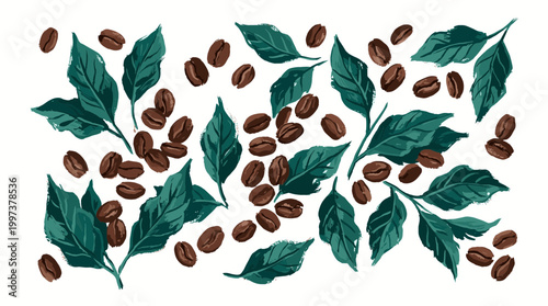 Artistic illustration of coffee beans and green leaves scattered on a white background, representing natural ingredients and beverage preparation.