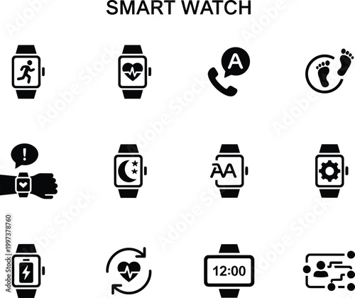 Collection of black smart watch icons representing health tracking and digital communication features for mobile devices