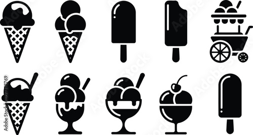 Collection of black icons depicting diverse ice cream varieties and frozen snack options for food businesses