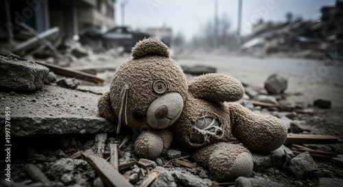 Abandoned teddy bear amidst war-torn ruins