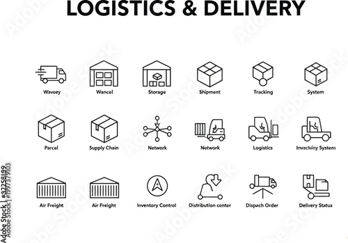 Collection of logistics and delivery service icons featuring transport and warehouse symbols for global supply chain