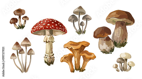 Watercolor illustration of various wild mushrooms including chanterelles and fly agaric set against a white background