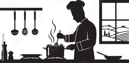 Chef cooking in kitchen with utensils and window stove