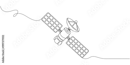 satellite continuous one line drawing, Continuous one line art drawing of a satellite in outer space exploring the cosmos vector, Black and white line drawing of satellite in space with antenna