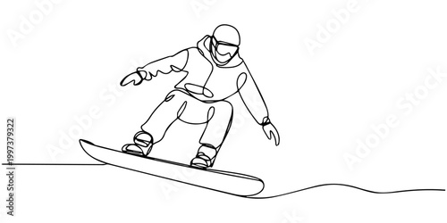 snowboarder performing a trick continuous one line drawing, Single one line drawing snowboarder carving sharp turn or performing trick with arms extended for balance, dynamic flow of extreme sport.