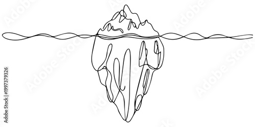 One continuous line illustration of an iceberg, isolated on white background, Continuous line drawing of floating iceberg ice mountain editable stroke sketch vector illustration, One continuous line